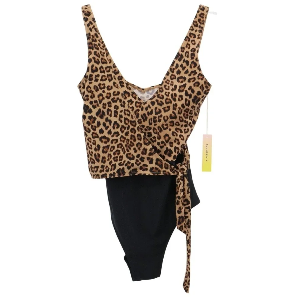 Summersalt Leopard Wrap One Piece Swimsuit Tie Waist Black Size 8 NWT - Picture 2 of 9
